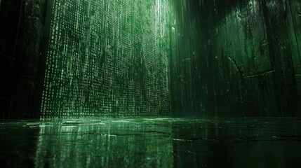 Green digital code on wall.