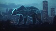 © Justlight - A shimmering bear silhouette looms over a city shrouded in twilight its presence intertwining with jagged stock lines reflecting the economic despair below.