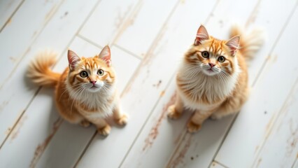 Two orange tabby cats sitting closely together, waiting food, looking up with curious expressions on white wooden floor, bright natural light. pet care, veterinary, animal lovers