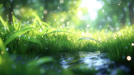 Poster - Dewy grass, stream, sunlit forest, background blur, nature