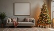 © afif - A blank frame for wall art mockup beside a cozy sofa and a beautifully decorated Christmas tree with gifts under it in a boho living room setting