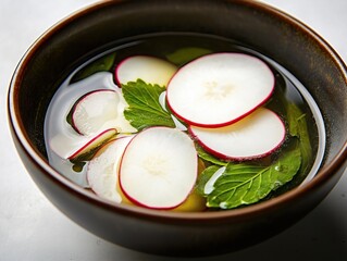 Close-up view of Dongchimi radish water kimchi in dark brown bowl. Sliced radishes, fresh green leaves float in clear liquid. Healthy traditional South Korean dish. Homemade organic food concept.