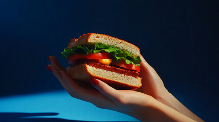 Poster - Hands holding a fresh sandwich with lettuce, tomato, and cheese on a vibrant blue background