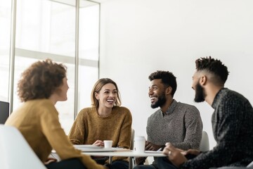 young people laugh during meeting in modern office. diverse group of coworkers discuss ideas in casu