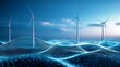 © Ben - digital landscape with glowing blue waves and wind turbines symbolizing renewable energy, innovation, and sustainable technology advancement, Generative AI