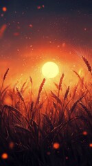 Wall Mural - Golden wheat sways under the warm sunset glow in a tranquil landscape setting