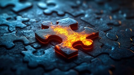 Wall Mural - Fiery Puzzle Piece Solution, Metal Background