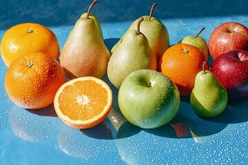 Wall Mural - Colorful assortment of fresh fruits on a vibrant blue surface in bright sunlight