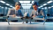 © Vibudhaart - Two businessmen examine a drone's design in a modern office setting.