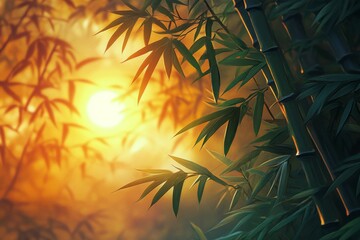 Wall Mural - Beautiful bamboo forest at sunset showcasing vibrant colors and serene atmosphere