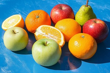 Wall Mural - Colorful assortment of fresh fruits on a vibrant blue surface in bright sunlight