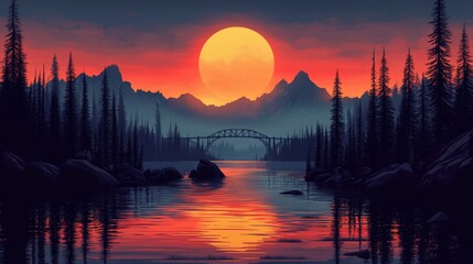 An intricate landscape wallpaper featuring vibrant night colors, video game art, and an illustration of the San Francisco bridge viewed from above