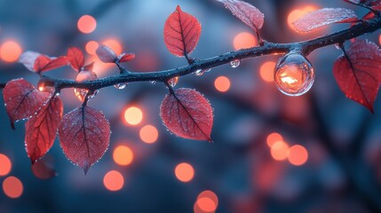 Sticker - Frosted leaves, dew, bokeh lights, winter, nature