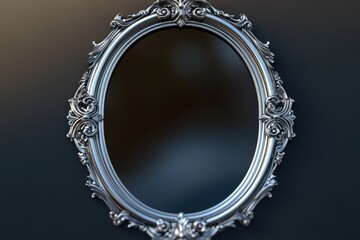 Wall Mural - A silver oval mirror on a black wall