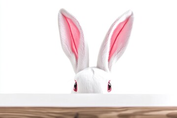 Wall Mural - A curious white rabbit with bright pink ears peeking out from behind a table, perfect for Easter or spring-themed illustrations