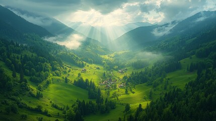 Wall Mural - Springtime landscape with a dramatic sky and lush green meadows. Sun rays filter through the clouds