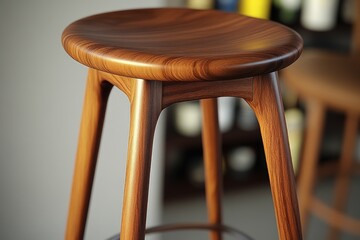 A close-up view of a wooden bar stool, suitable for interior design and furniture photography