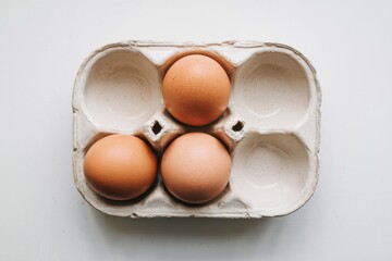 Wall Mural - Four brown eggs nestled in a recycled cardboard egg carton on a white background.