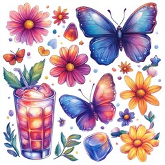 Poster - Delicate watercolor flowers surrounded by colorful butterflies