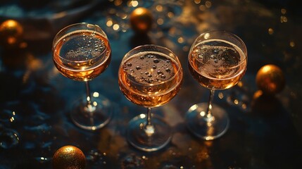 Close-up view of glasses filled with a golden, carbonated drink,