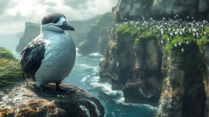 a vivid reconstruction of a great auk colony on a rugged cliffside near the sea