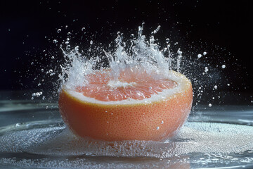 Grapefruit slice makes a splash in a refreshing display of water droplets on a black background