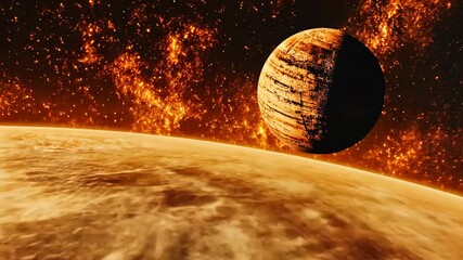Wall Mural - Fascinating view of a planet hovering over a landscape of fiery clouds and cosmic phenomena in a distant galaxy