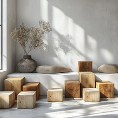 Wall Mural - Minimalist room, wooden blocks, stone, dried flowers.