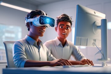 Two cartoon developers collaborate, one using VR tech to visualize code, enhancing teamwork and innovation.