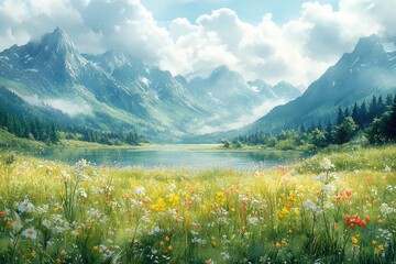 Wall Mural - A picturesque scene with a vibrant field of wildflowers in the foreground, backed by a majestic mountain range