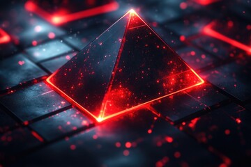 A close-up of a computer keyboard with a glowing pyramid icon, ideal for technology and sci-fi themed designs