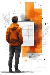 Man in orange jacket views graph on white board.