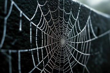 detailed spider web with dewdrops, delicate silk strands, dark moody background, intricate nature pattern, mysterious and artistic macro photography shot.