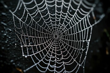detailed spider web with dewdrops, delicate silk strands, dark moody background, intricate nature pattern, mysterious and artistic macro photography shot.