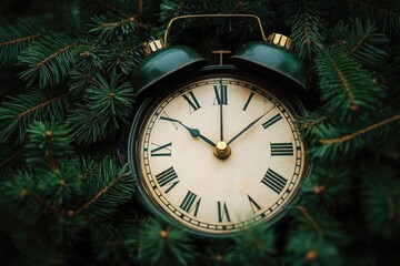 Canvas Print - An alarm clock sitting atop a Christmas tree, perfect for holiday celebrations or decorations