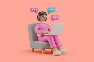 Wall Mural - 3D cartoon woman using a laptop in a chair with speech bubbles