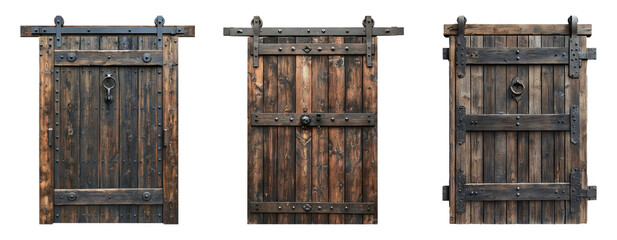 Isolated wooden doors with metal accents on a transparent background