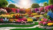 © Elena - Vibrant garden design featuring diverse flowers and pathways under a bright sunny sky