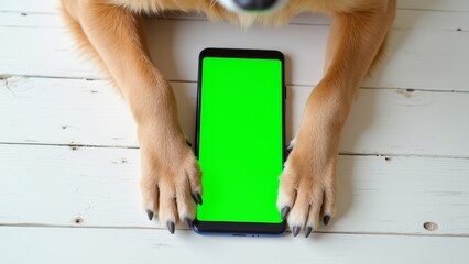 Dog portrait holding chroma key phone in paws, phone with green screen. vertical mock up for advertising, Dog using showing smartphone, online shopping, care, pet goods, veterinarian.