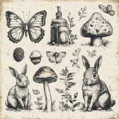 Wall Mural - unique hand-drawn illustrations of various animals and plants, perfect for creative projects or educ