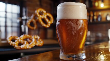 A glass of beer and pretzels served on a bar, perfect for a social gathering or party