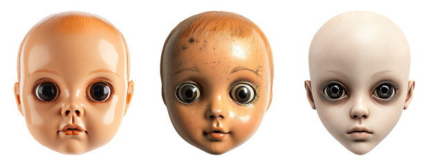 Three distinct doll heads isolated on a transparent background for artistic use
