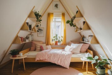 Wall Mural - cozy attic bedroom with a bed shelves plants and natural light.
