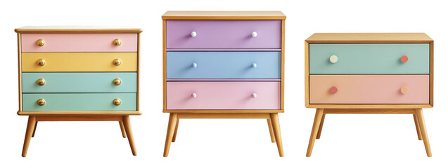 Colorful wooden dressers isolated on transparent background for design use