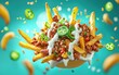 © Svitlana - Loaded chili fries flying mid-air, jalapeÃ?o slices and sour cream drizzles, electric cyan background