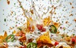 © Svitlana - Loaded nachos with melted cheese, jalapeÃ?os, salsa, and sour cream splashes, mid-air shot, white background