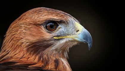 close up profile of a bird of prey with rufous plumage intense gaze and sharp beak against a dark ba