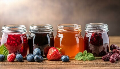 Wall Mural - glass jars with different kinds of jam and berries on wooden table