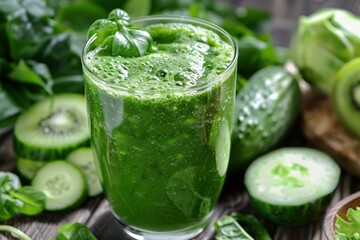 Wall Mural - Glass of blended green smoothie surrounded by fresh spinach, cucumber, kiwi, and basil promoting a healthy lifestyle