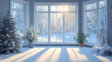 Sticker - Interior view bay window composition, snowy winter landscape, sunlit scene, winter wonderland, light and shadow winter scenery, snowscape, sunbeams. Frosty Bay. Illustration